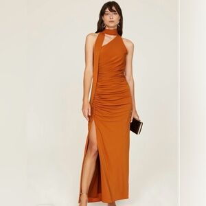 Halston Heritage One-Shoulder Ruched Maxi Dress in Burnt Orange